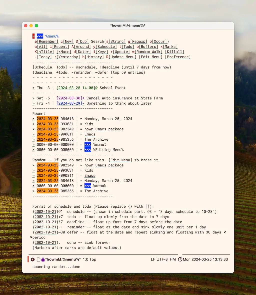 The howm menu. Functional, but not pretty