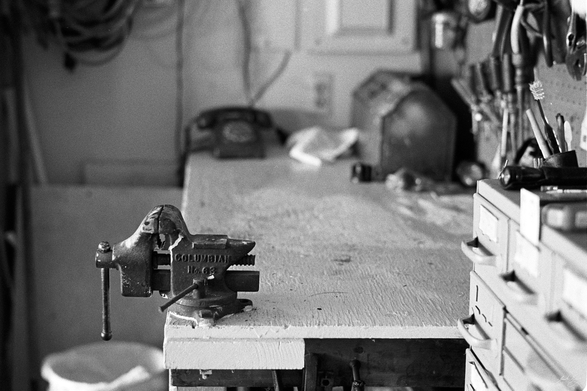 Dad’s workbench (Leica MP. HP5 Plus. 50mm Summilux-M)