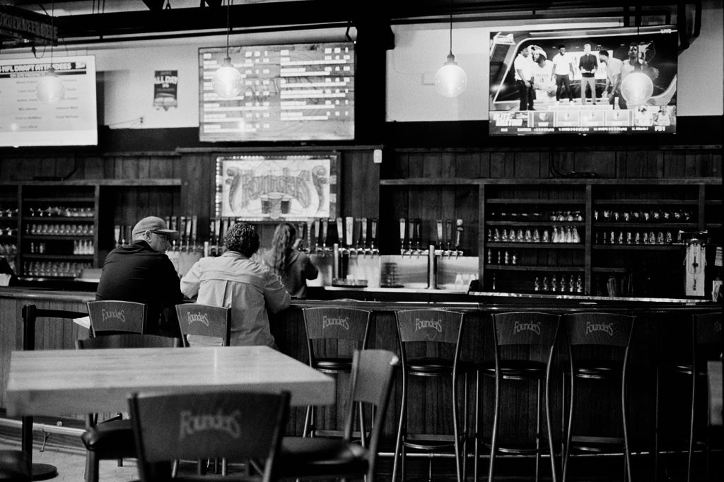 Black and white photo of the Founders Brewing interior