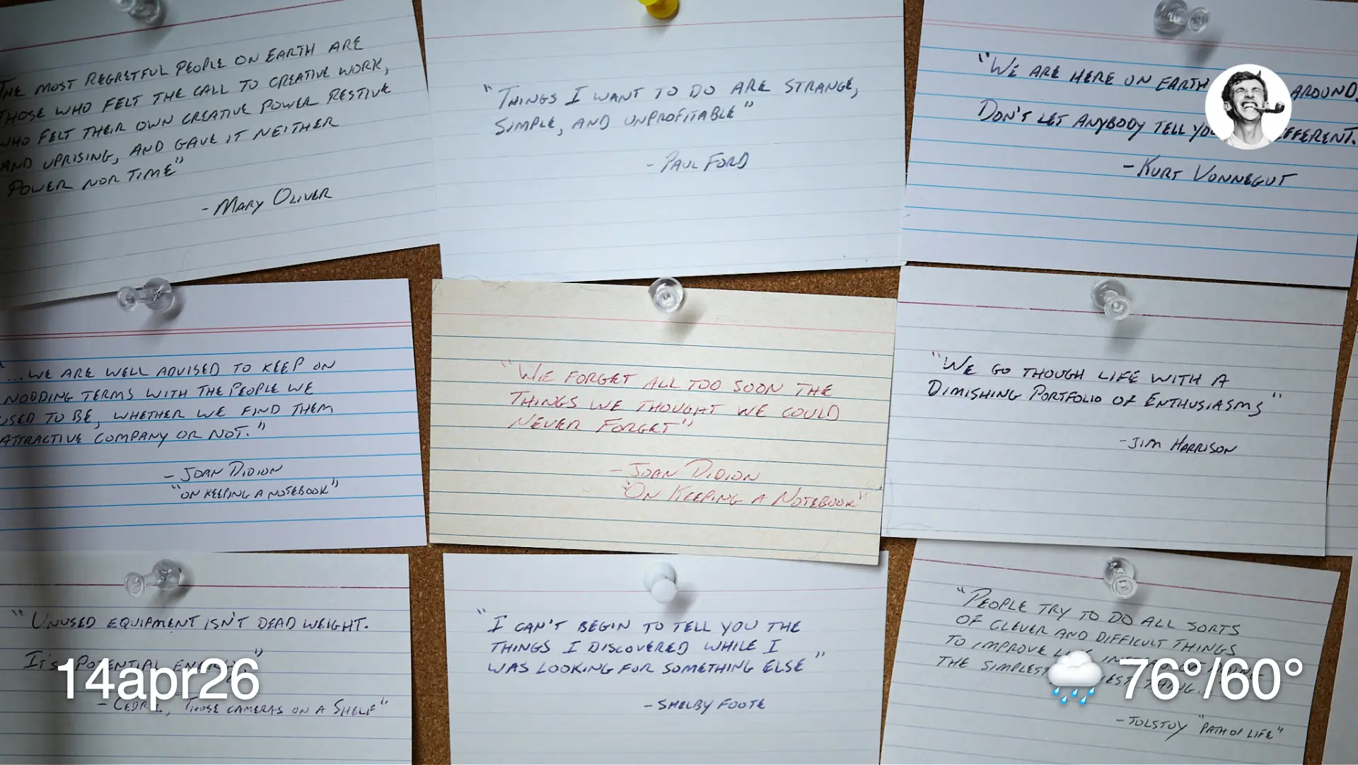 Index cards on bulletin board