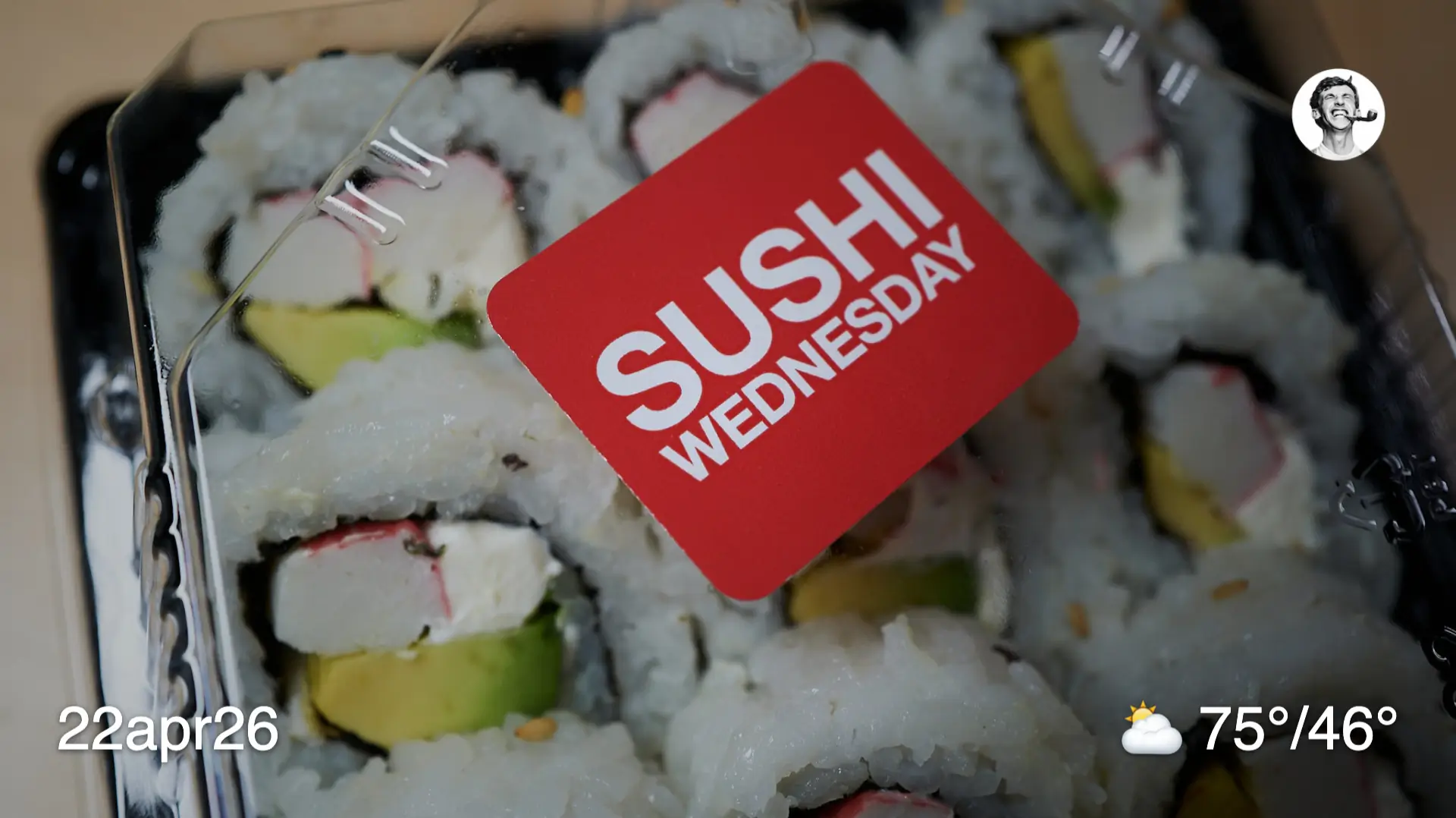 Tray of sushi with sticker reading Sushi Wednesday