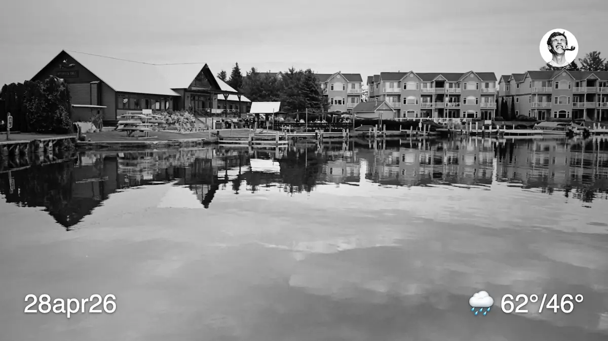 Black and white film photo of harbor