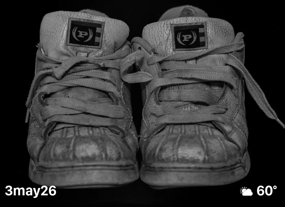 Black and white film photo of old Phat Farm shoes