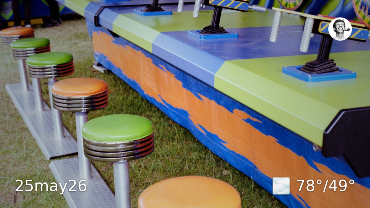 Color film photo of carnival game stools