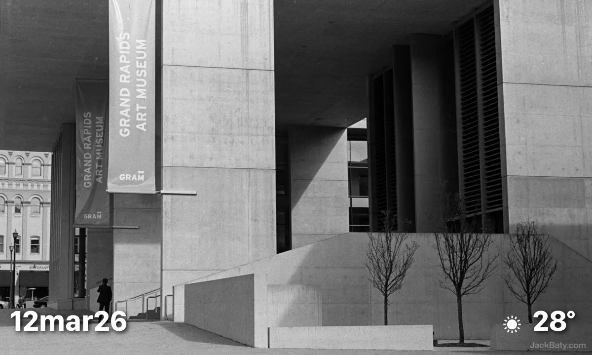 Black and white film photo of Grand Rapids Art Museum