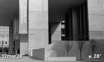 Black and white film photo of Grand Rapids Art Museum