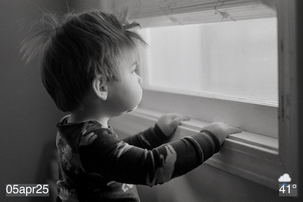 black and white film photo of my grandson looking out the window.