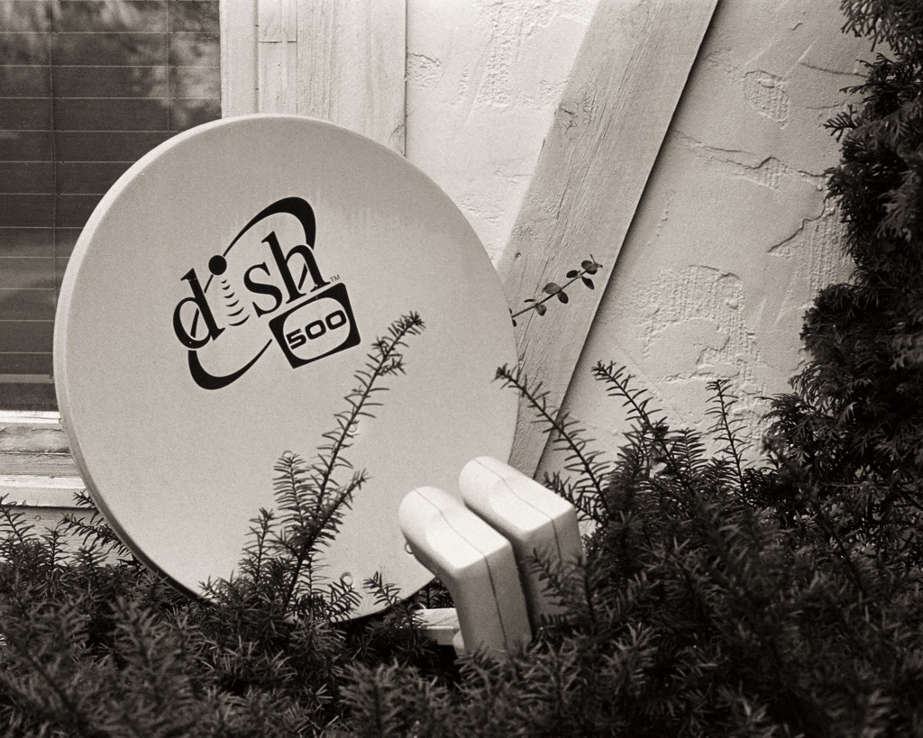 Black and white photo of a Dish Network dish