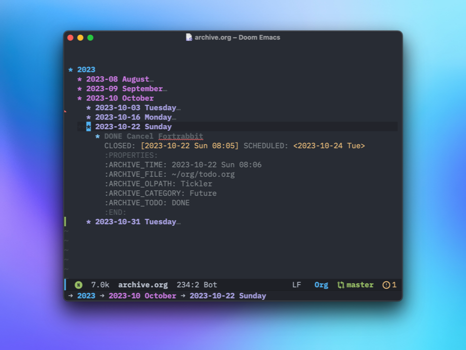 Screen shot showing an org-mode datetree