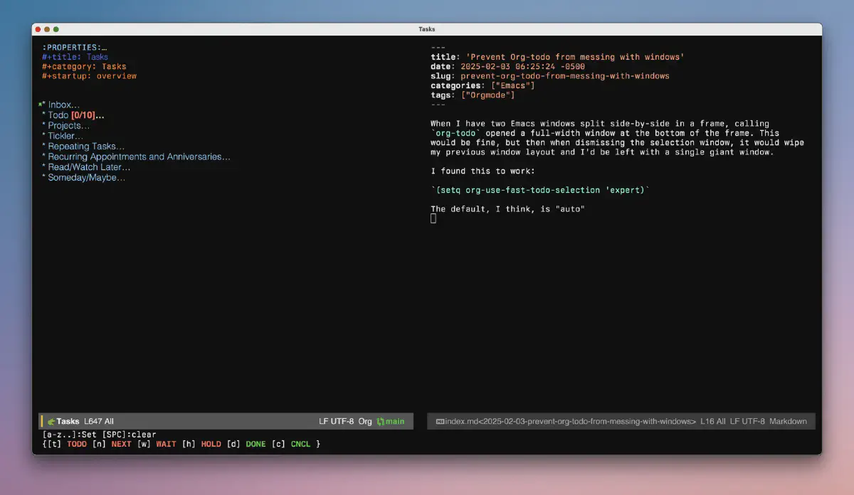 Prevent Org-todo from messing with windows